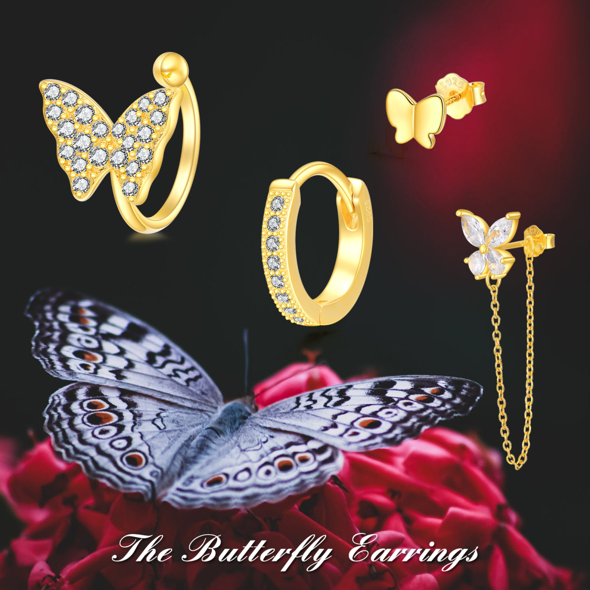 Sterling Silver with Yellow Gold Plated Cubic Zirconia Butterfly Earring Sets-6