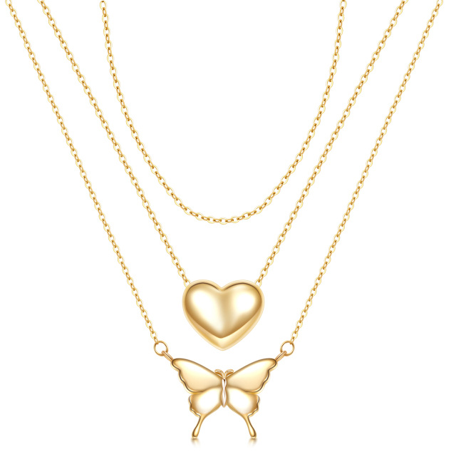 Collier en argent sterling et plaqué or jaune avec papillon et coeur superposés-1