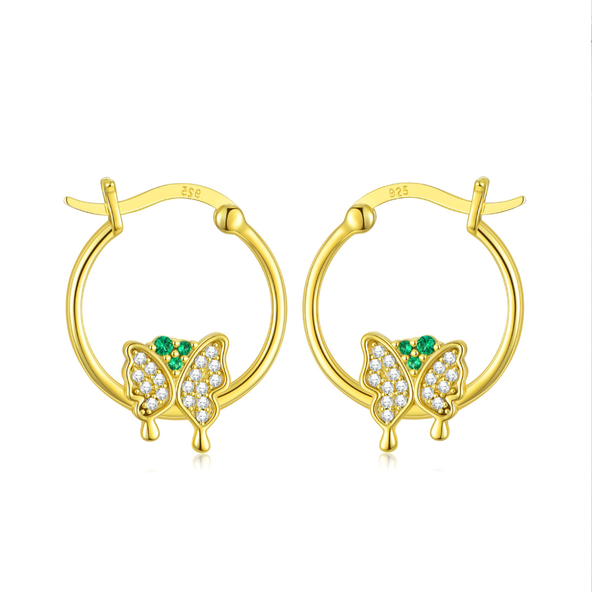 Sterling Silver with Yellow Gold Plated Cubic Zirconia Butterfly Hoop Earrings-1