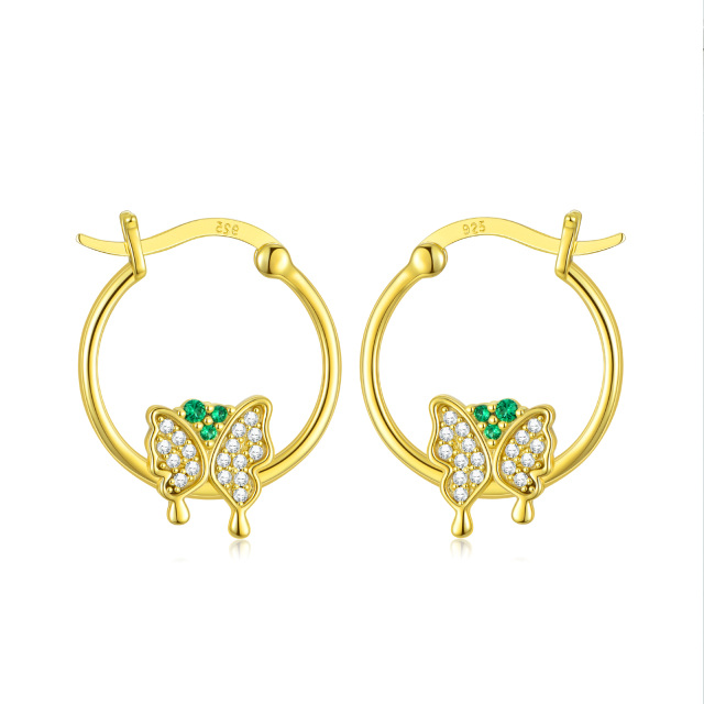 Sterling Silver with Yellow Gold Plated Cubic Zirconia Butterfly Hoop Earrings-1