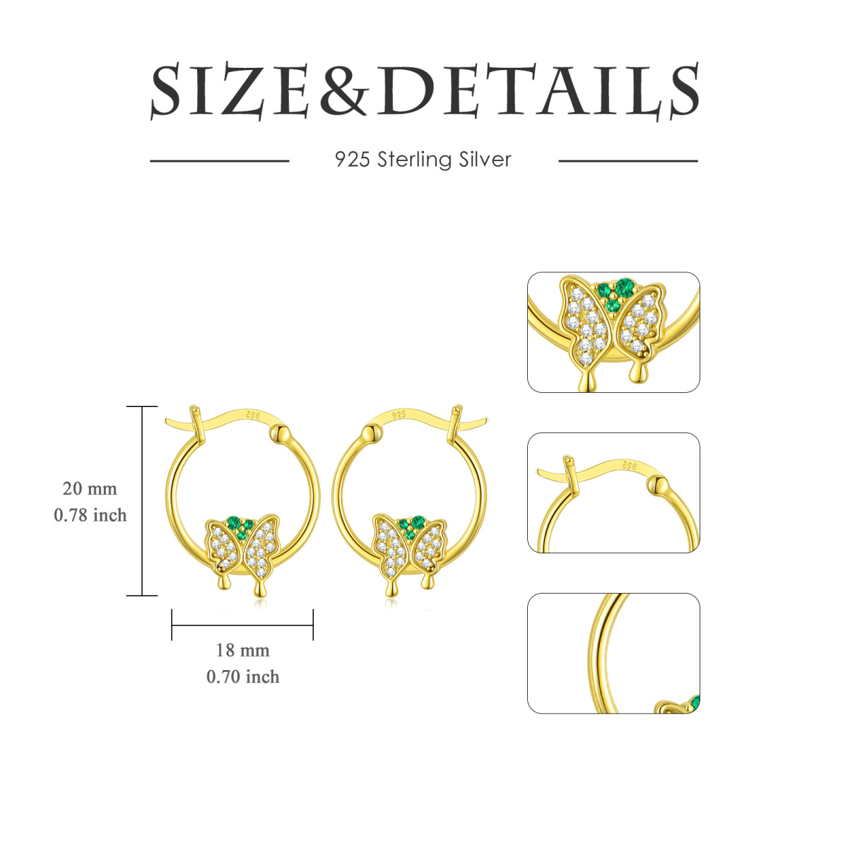 Sterling Silver with Yellow Gold Plated Cubic Zirconia Butterfly Hoop Earrings-5