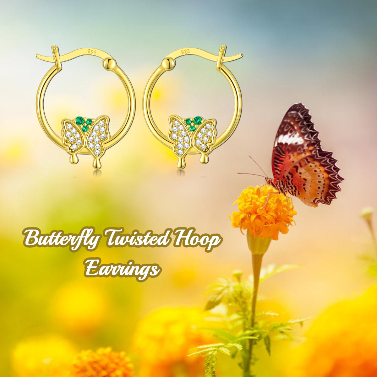 Sterling Silver with Yellow Gold Plated Cubic Zirconia Butterfly Hoop Earrings-6