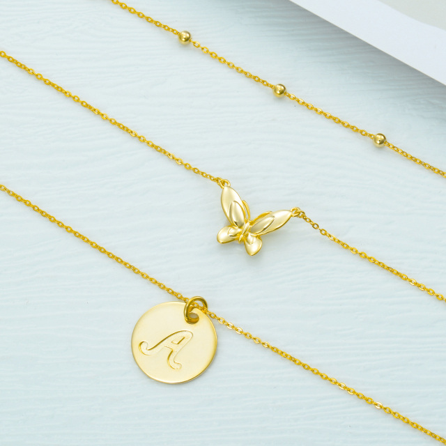 Sterling Silver with Yellow Gold Plated Butterfly Layered Necklace with Initial Letter A-3