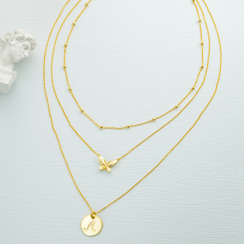 Collier superposé en argent sterling avec papillon plaqué or avec lettre initiale A pour femme-4