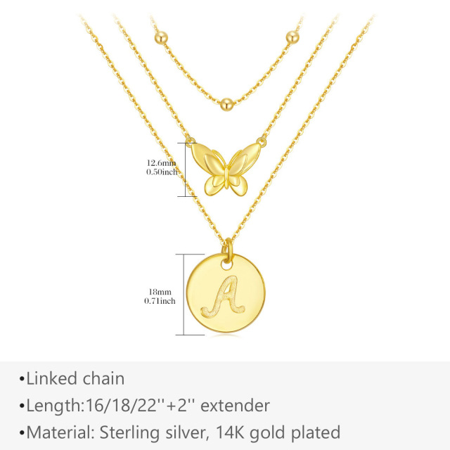 Collana a strati con farfalla in argento sterling placcato oro giallo con la lettera iniziale A-5