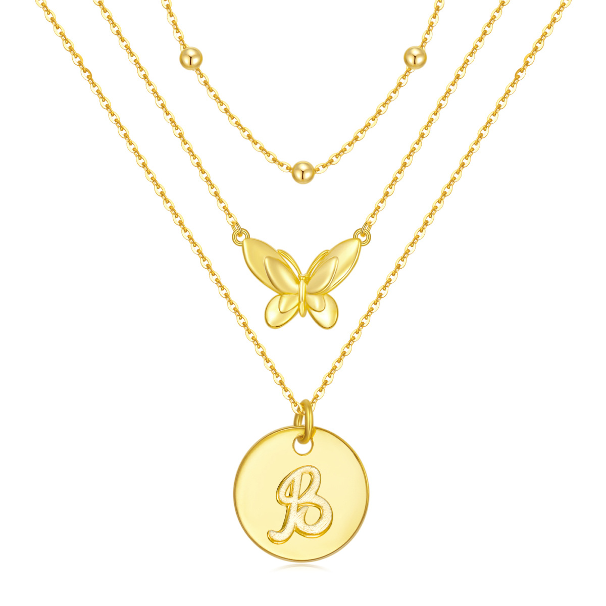 Sterling Silver with Yellow Gold Plated Butterfly Layered Necklace with Initial Letter B-1