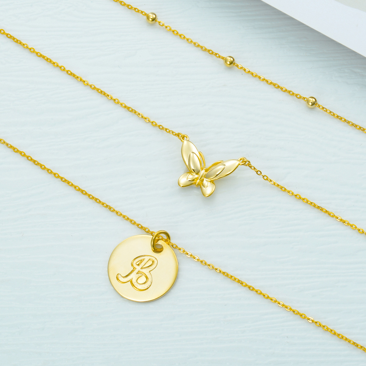 Sterling Silver with Yellow Gold Plated Butterfly Layered Necklace with Initial Letter B-3