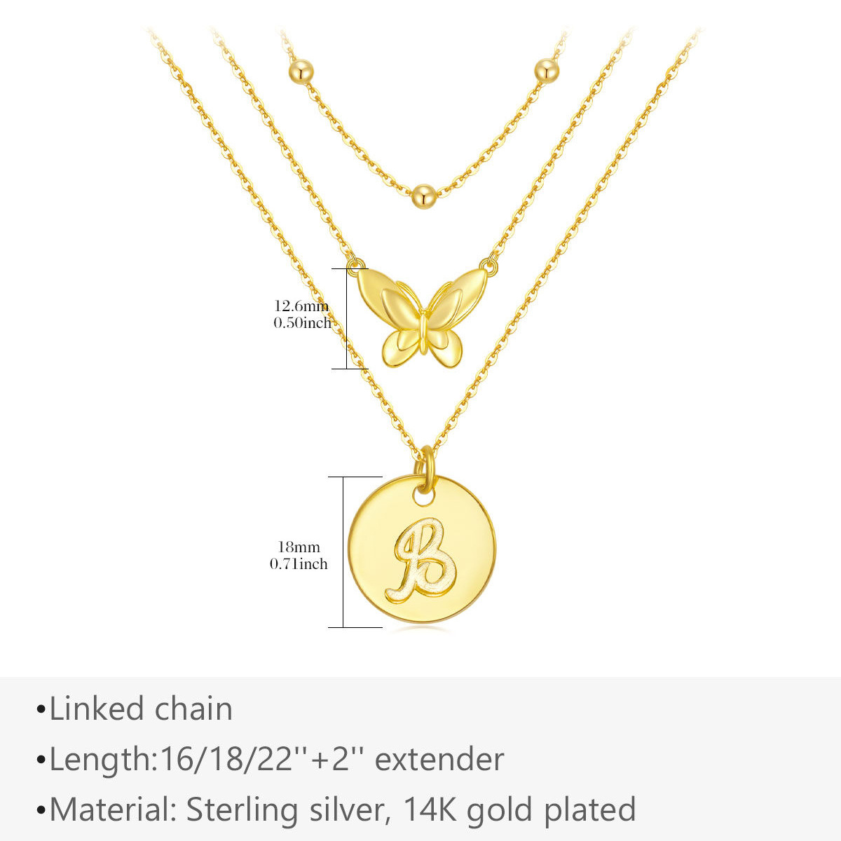 Sterling Silver with Yellow Gold Plated Butterfly Layered Necklace with Initial Letter B-5