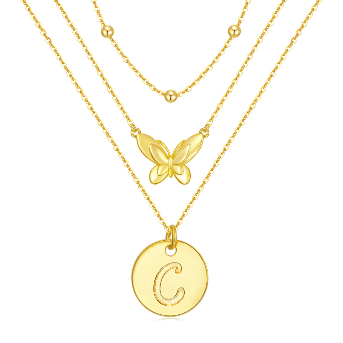 Sterling Silver with Yellow Gold Plated Butterfly Layered Necklace with Initial Letter C-1