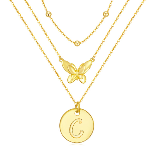 Sterling Silver with Yellow Gold Plated Butterfly Layered Necklace with Initial Letter C-1