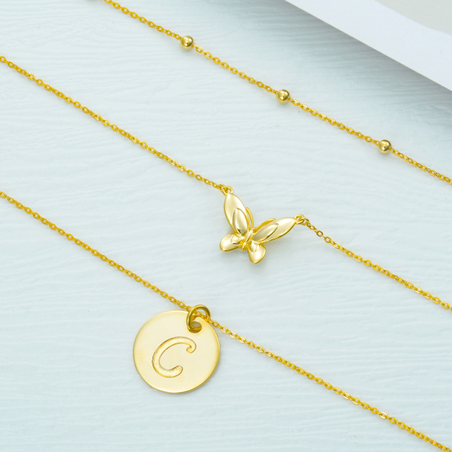 Sterling Silver with Yellow Gold Plated Butterfly Layered Necklace with Initial Letter C-3