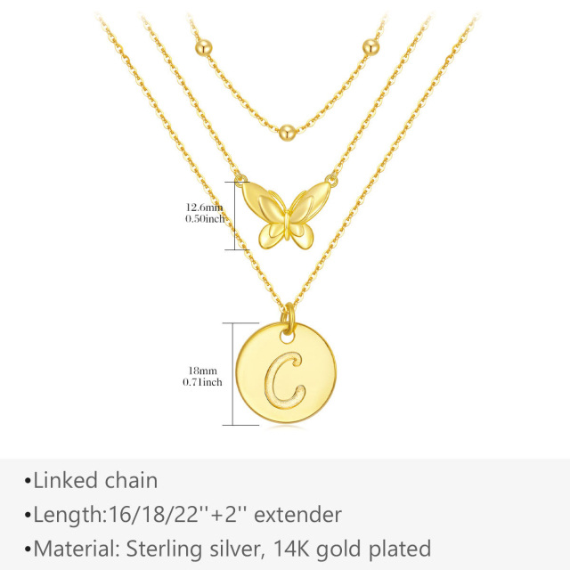 Sterling Silver with Yellow Gold Plated Butterfly Layered Necklace with Initial Letter C-5