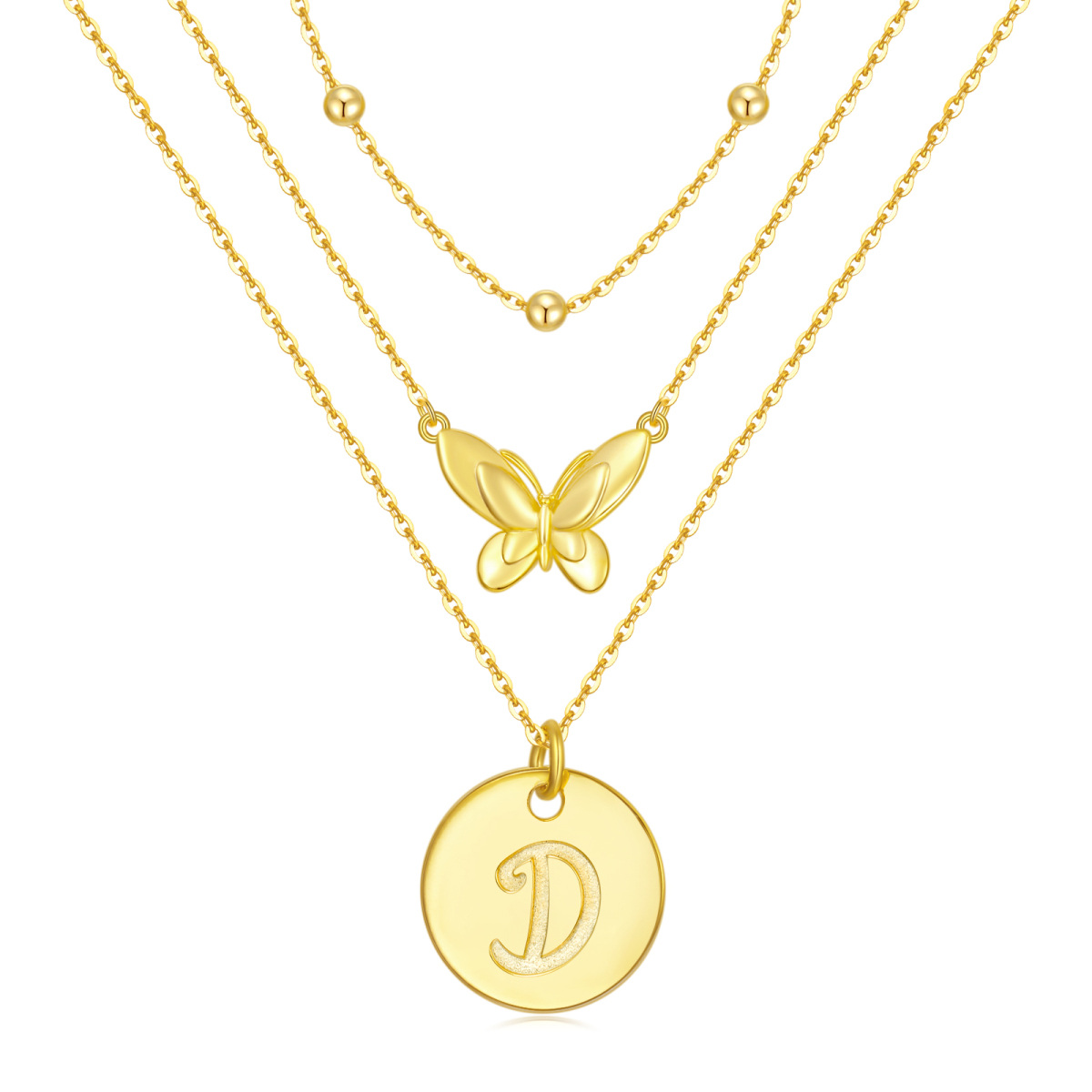 Sterling Silver with Yellow Gold Plated Butterfly Layered Necklace with Initial Letter D-1