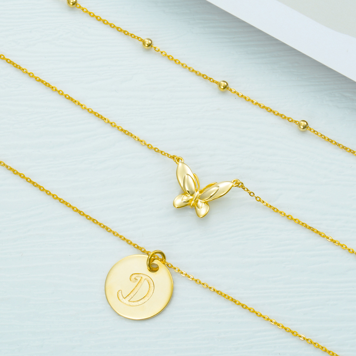 Sterling Silver with Yellow Gold Plated Butterfly Layered Necklace with Initial Letter D-3