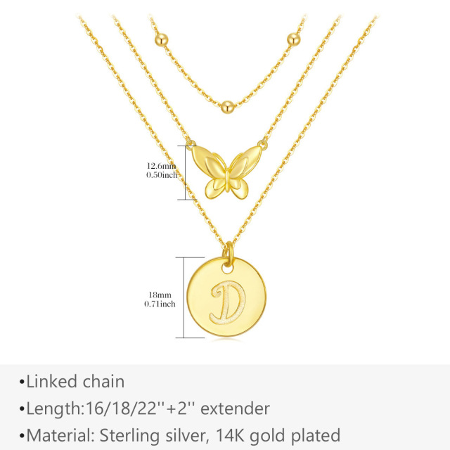 Sterling Silver with Yellow Gold Plated Butterfly Layered Necklace with Initial Letter D-5