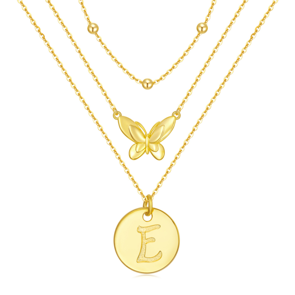 Sterling Silver with Yellow Gold Plated Butterfly Layered Necklace with Initial Letter E-1