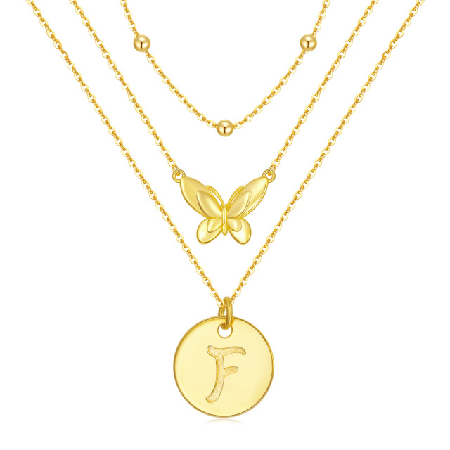 Collana a strati con farfalla in argento sterling placcato oro giallo con la lettera F iniziale-1