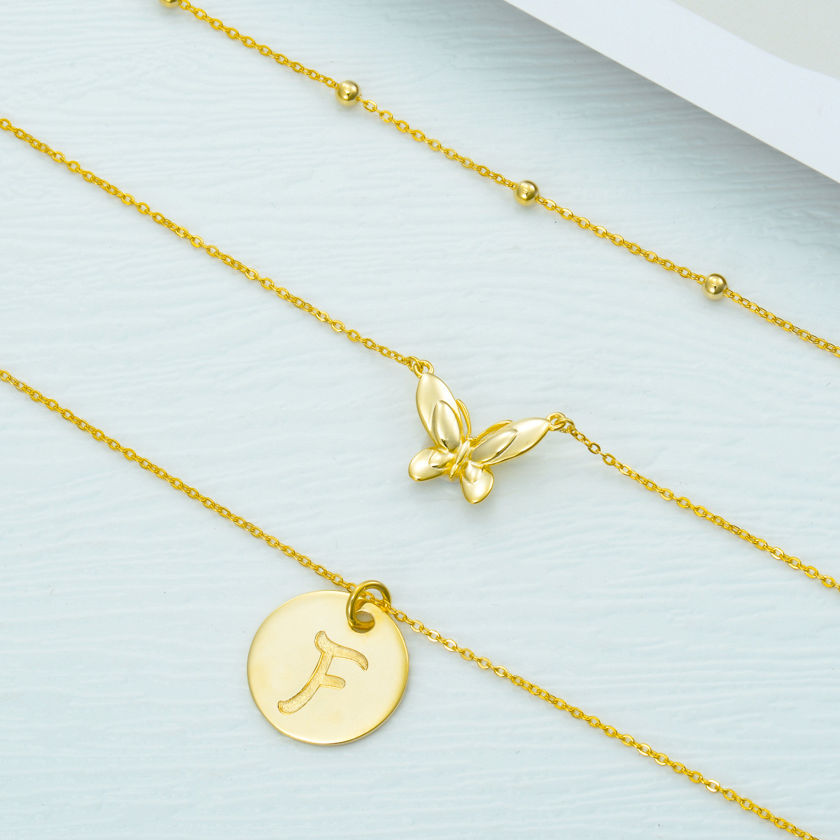 Sterling Silver with Yellow Gold Plated Butterfly Layered Necklace with Initial Letter F-3