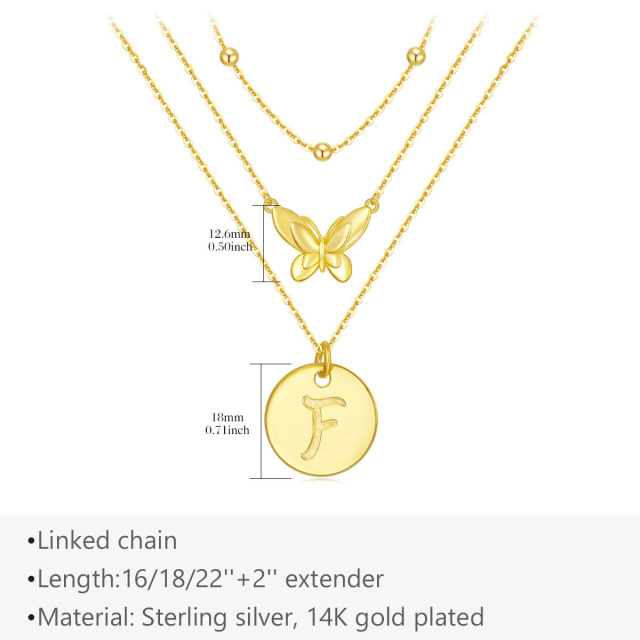 Sterling Silver with Yellow Gold Plated Butterfly Layered Necklace with Initial Letter F-5