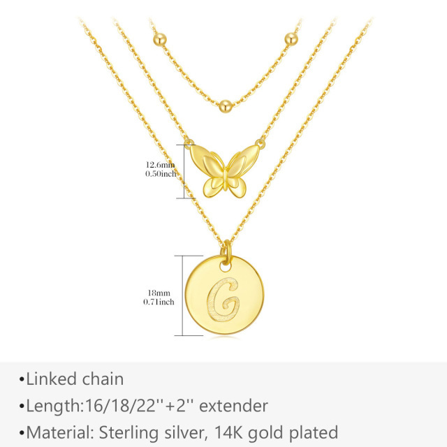 Collana a strati con farfalla in argento sterling placcato oro giallo e lettera iniziale G-5