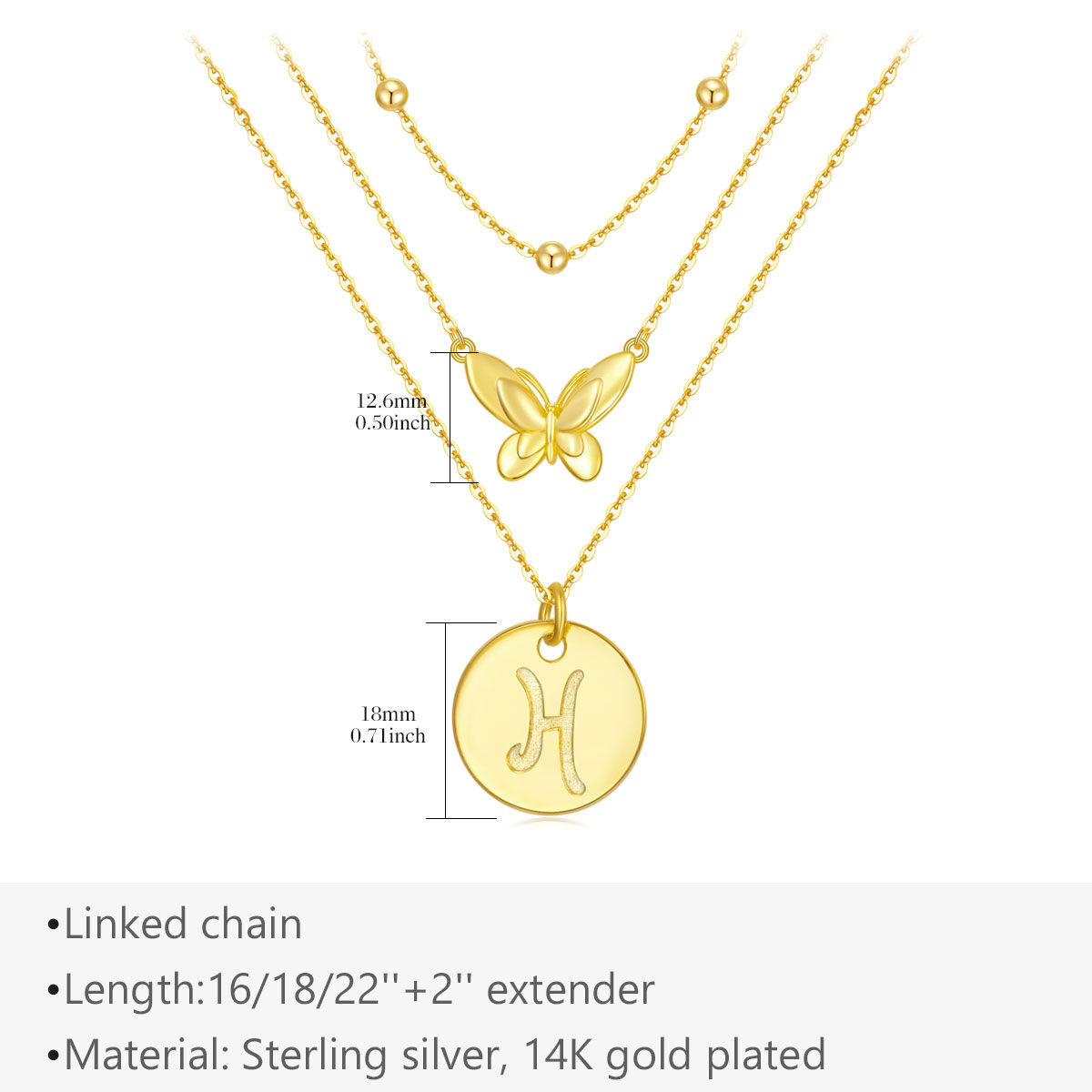 Collier superposé papillon en argent sterling plaqué or jaune avec lettre initiale H-5