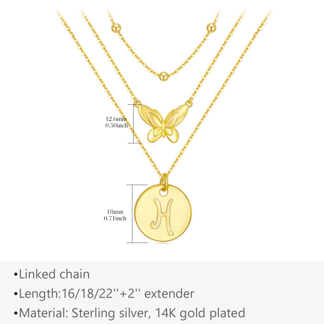 Sterling Silver with Yellow Gold Plated Butterfly Layered Necklace with Initial Letter H-5