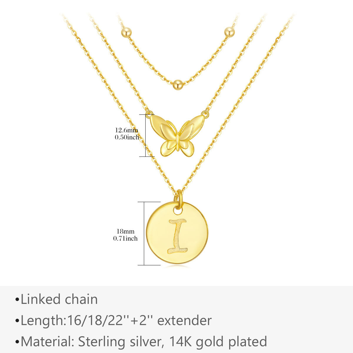 Collier superposé papillon en argent sterling plaqué or jaune avec lettre initiale I-5