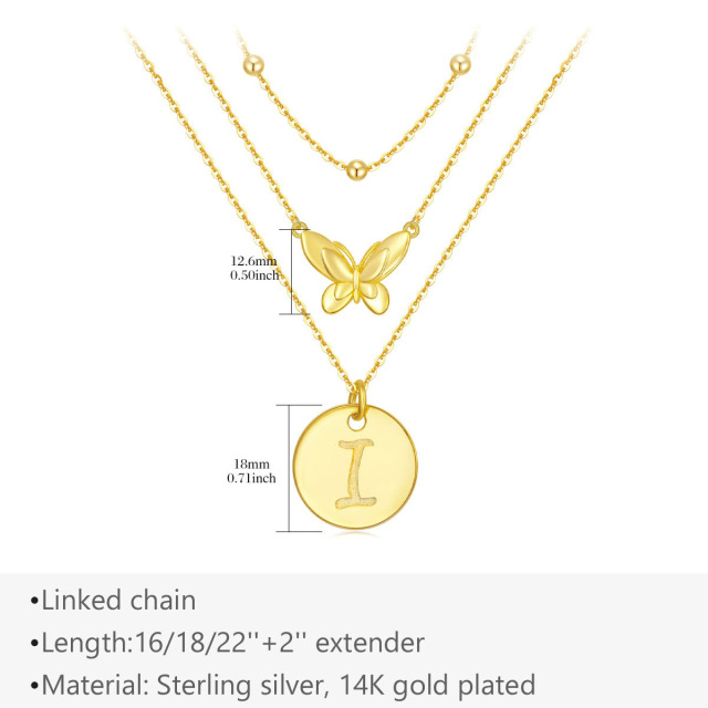 Collana a strati a farfalla in argento sterling placcato oro giallo con la lettera I iniziale-5