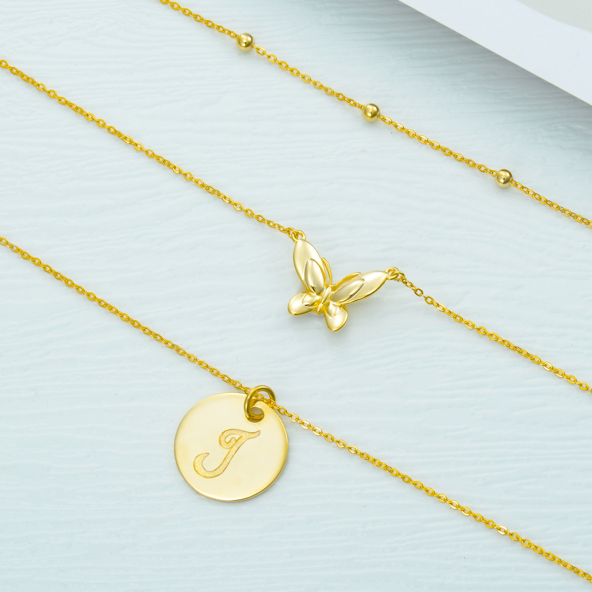 Sterling Silver with Yellow Gold Plated Butterfly Layered Necklace with Initial Letter J-3