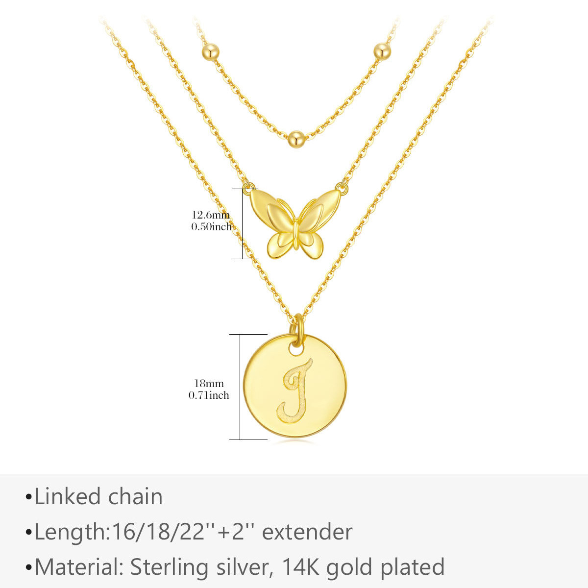 Collier superposé papillon en argent sterling plaqué or jaune avec lettre initiale J-5