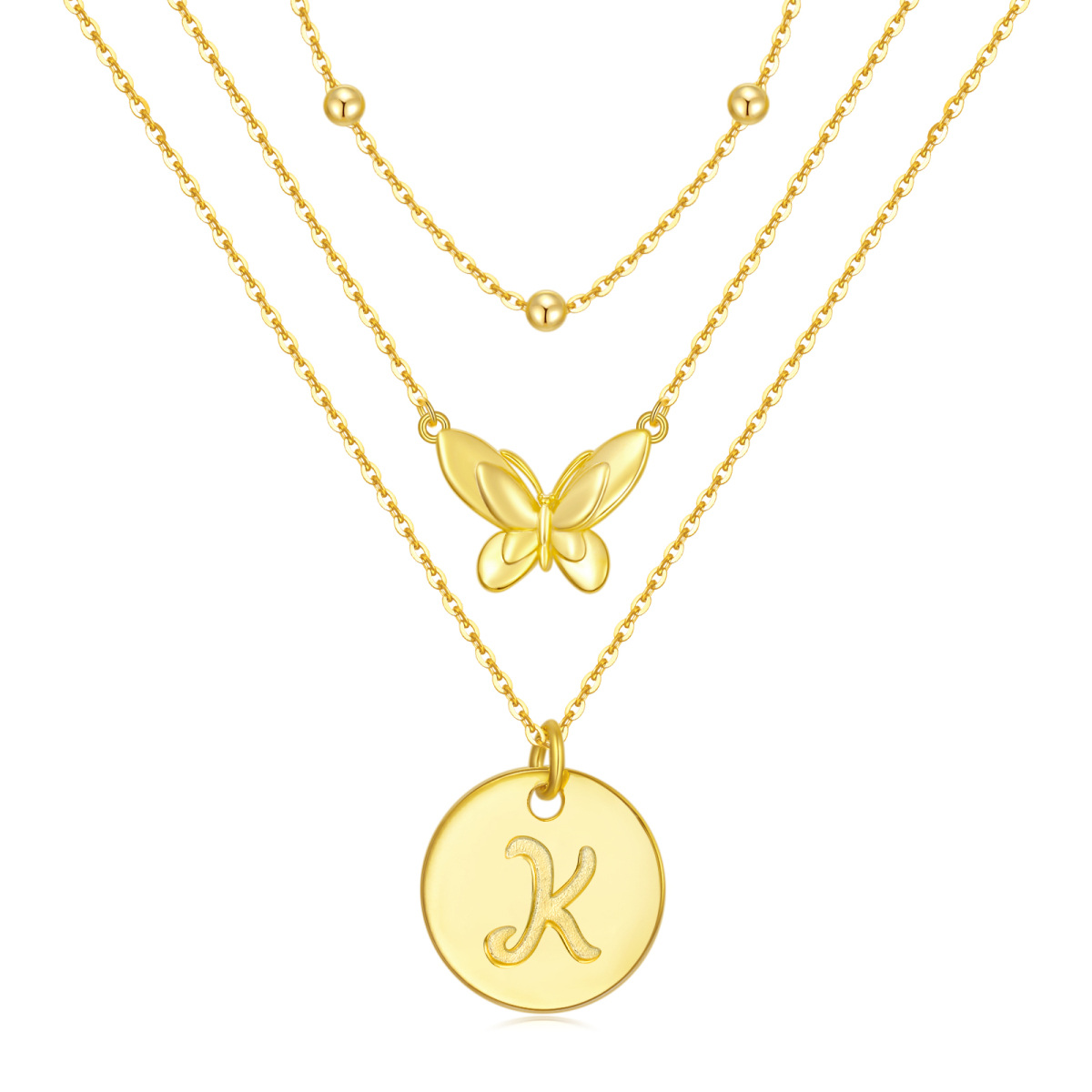 Sterling Silver with Yellow Gold Plated Butterfly Layered Necklace with Initial Letter K-1