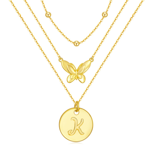 Sterling Silver with Yellow Gold Plated Butterfly Layered Necklace with Initial Letter K-1