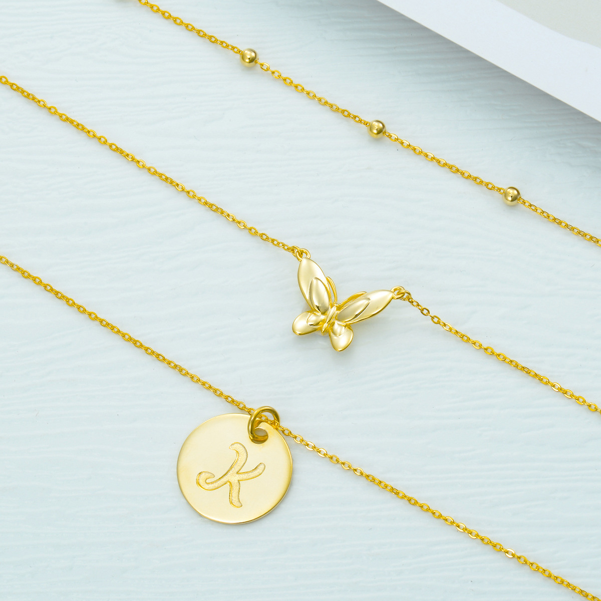 Sterling Silver with Yellow Gold Plated Butterfly Layered Necklace with Initial Letter K-3