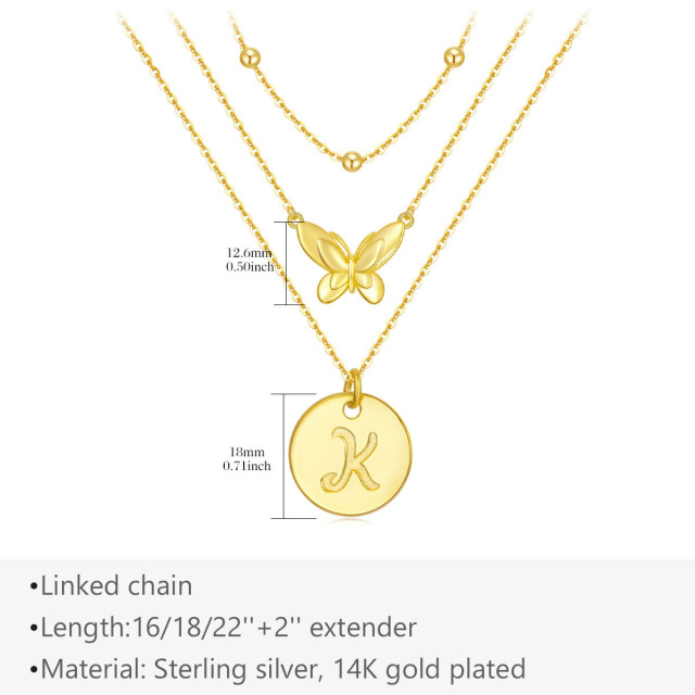 Sterling Silver with Yellow Gold Plated Butterfly Layered Necklace with Initial Letter K-5