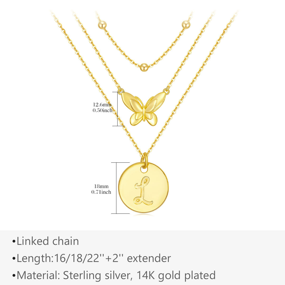 Collier superposé papillon en argent sterling plaqué or jaune avec lettre initiale L-5