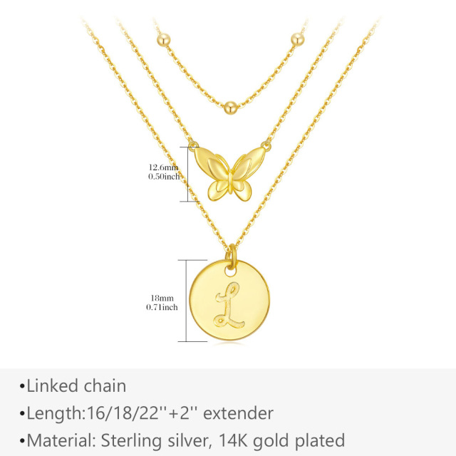 Collana a strati con farfalla in argento sterling placcato oro giallo e lettera iniziale L-5