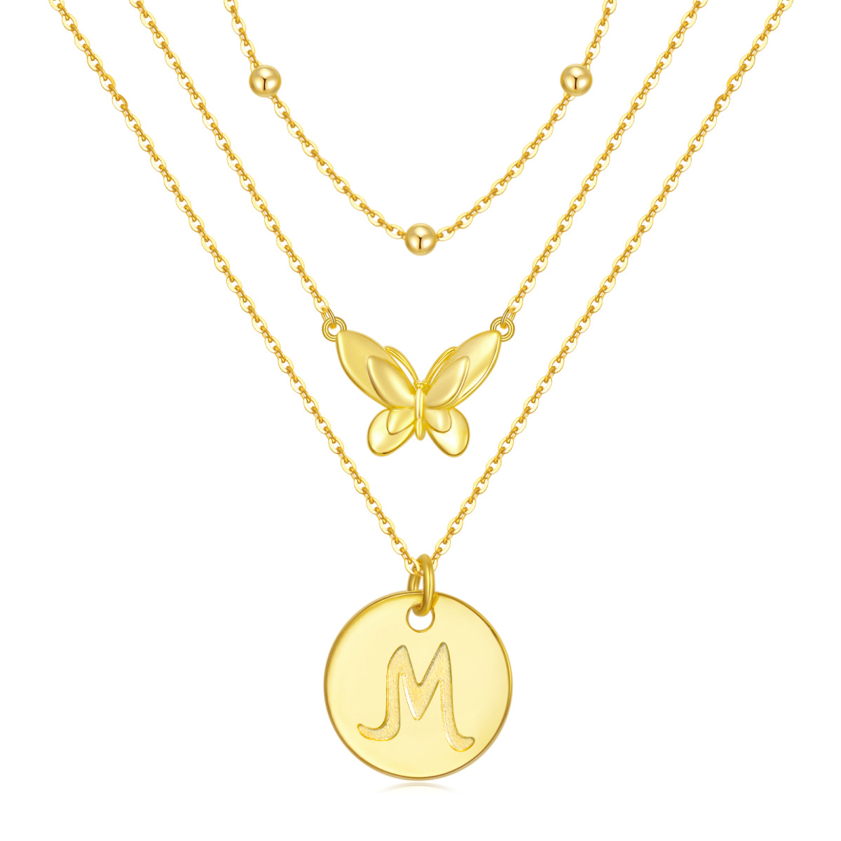 Collar de plata de ley con capas de mariposa chapadas en oro amarillo con letra inicial M-1