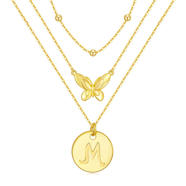 Collar de plata de ley con capas de mariposa chapadas en oro amarillo con letra inicial M-1