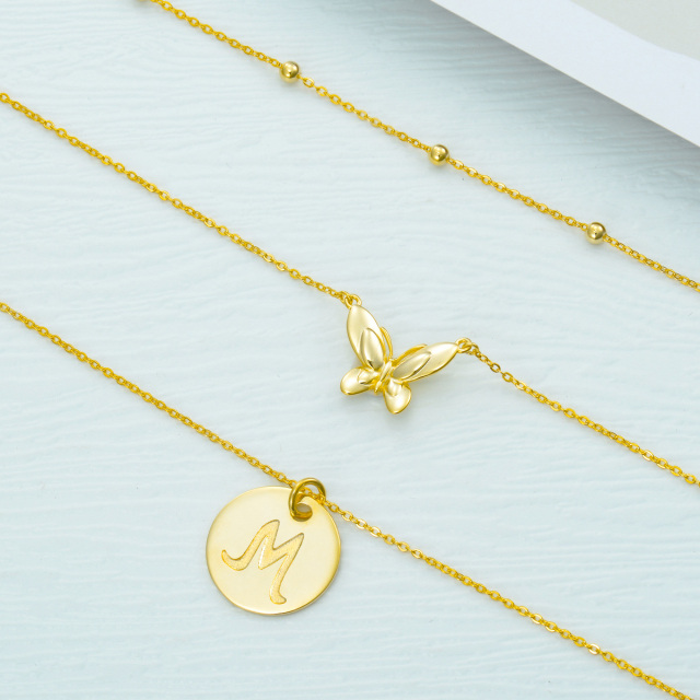 Sterling Silver with Yellow Gold Plated Butterfly Layered Necklace with Initial Letter M-3