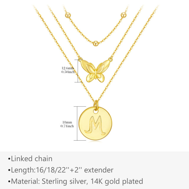 Sterling Silver with Yellow Gold Plated Butterfly Layered Necklace with Initial Letter M-5