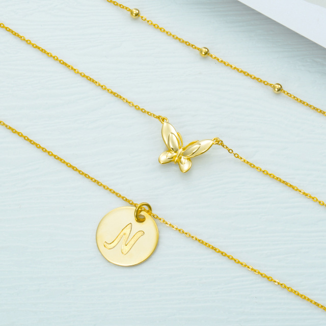 Sterling Silver with Yellow Gold Plated Butterfly Layered Necklace with Initial Letter N-3