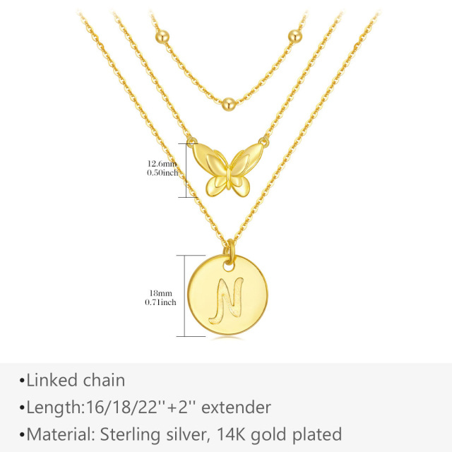 Sterling Silver with Yellow Gold Plated Butterfly Layered Necklace with Initial Letter N-5