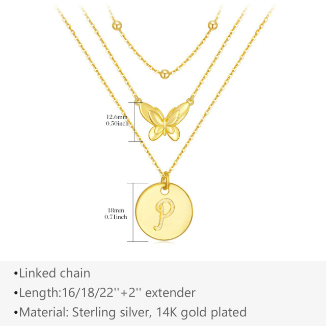 Collana a strati con farfalla in argento sterling placcato oro giallo e lettera iniziale P-5