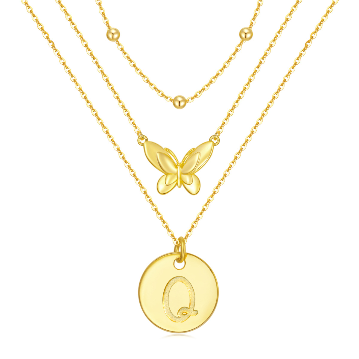 Sterling Silver with Yellow Gold Plated Butterfly Layered Necklace with Initial Letter Q-1