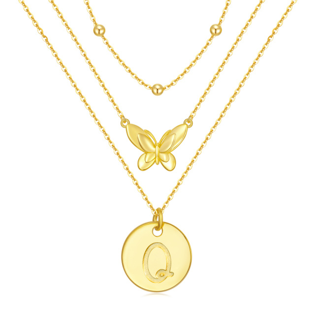 Collana a strati con farfalla in argento sterling placcato oro giallo con lettera Q iniziale-1