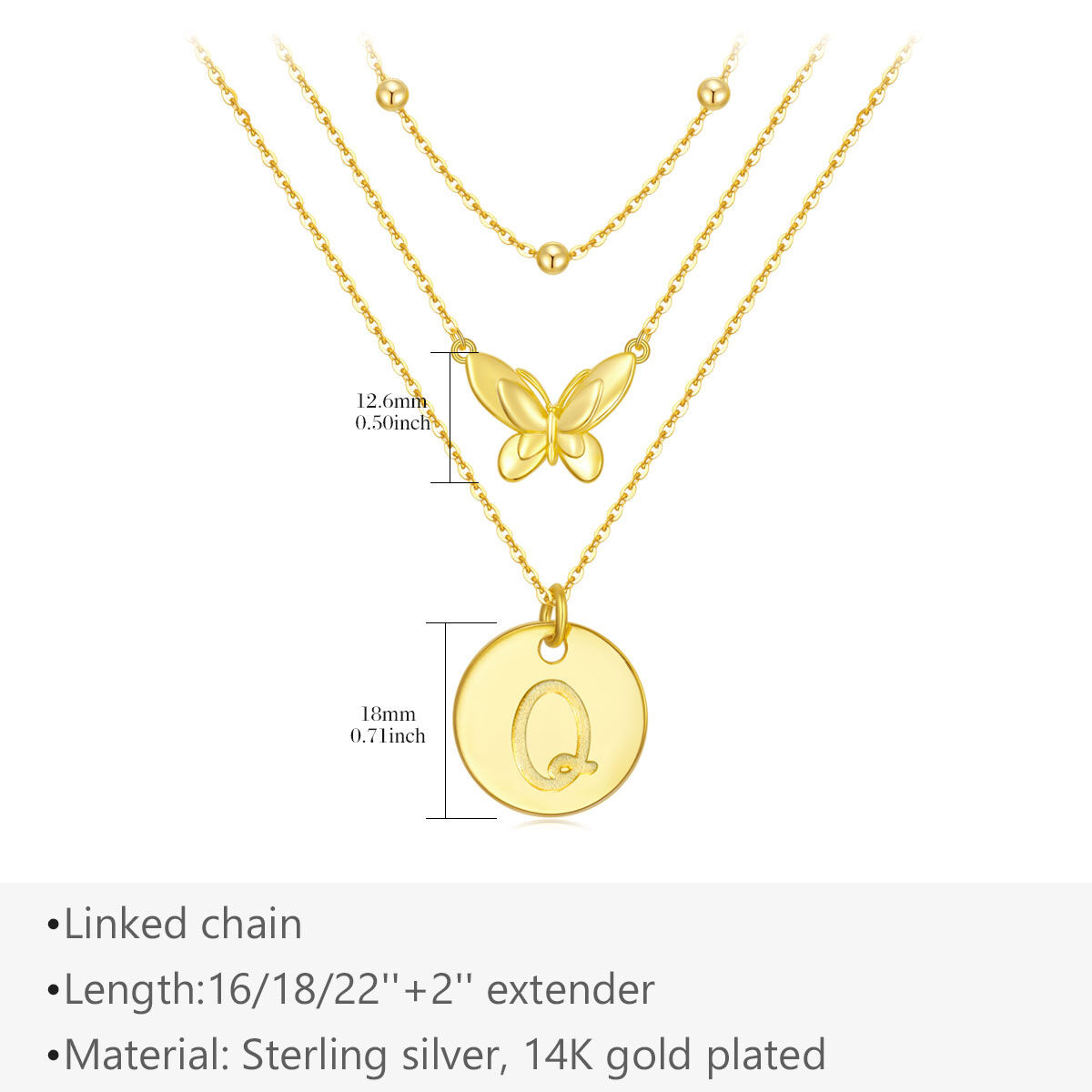 Collier superposé papillon en argent sterling plaqué or jaune avec lettre initiale Q-5