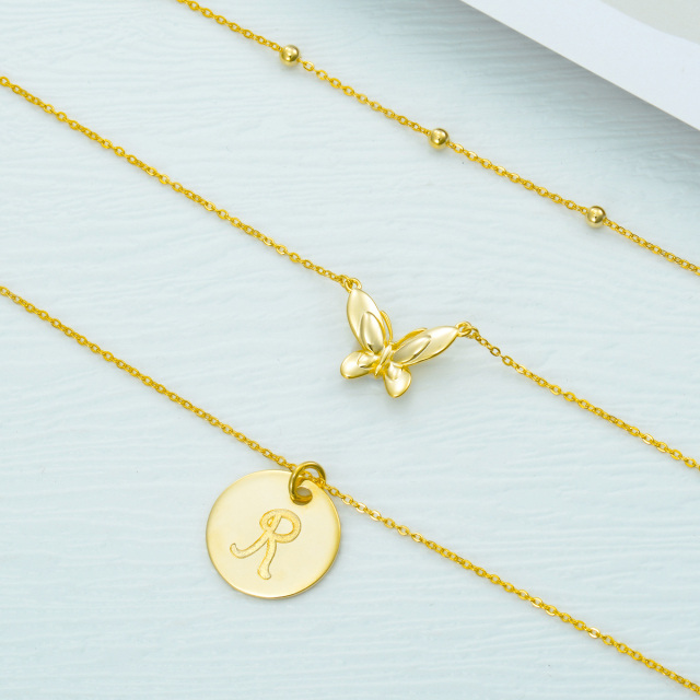 Sterling Silver with Yellow Gold Plated Butterfly Layered Necklace with Initial Letter R-3