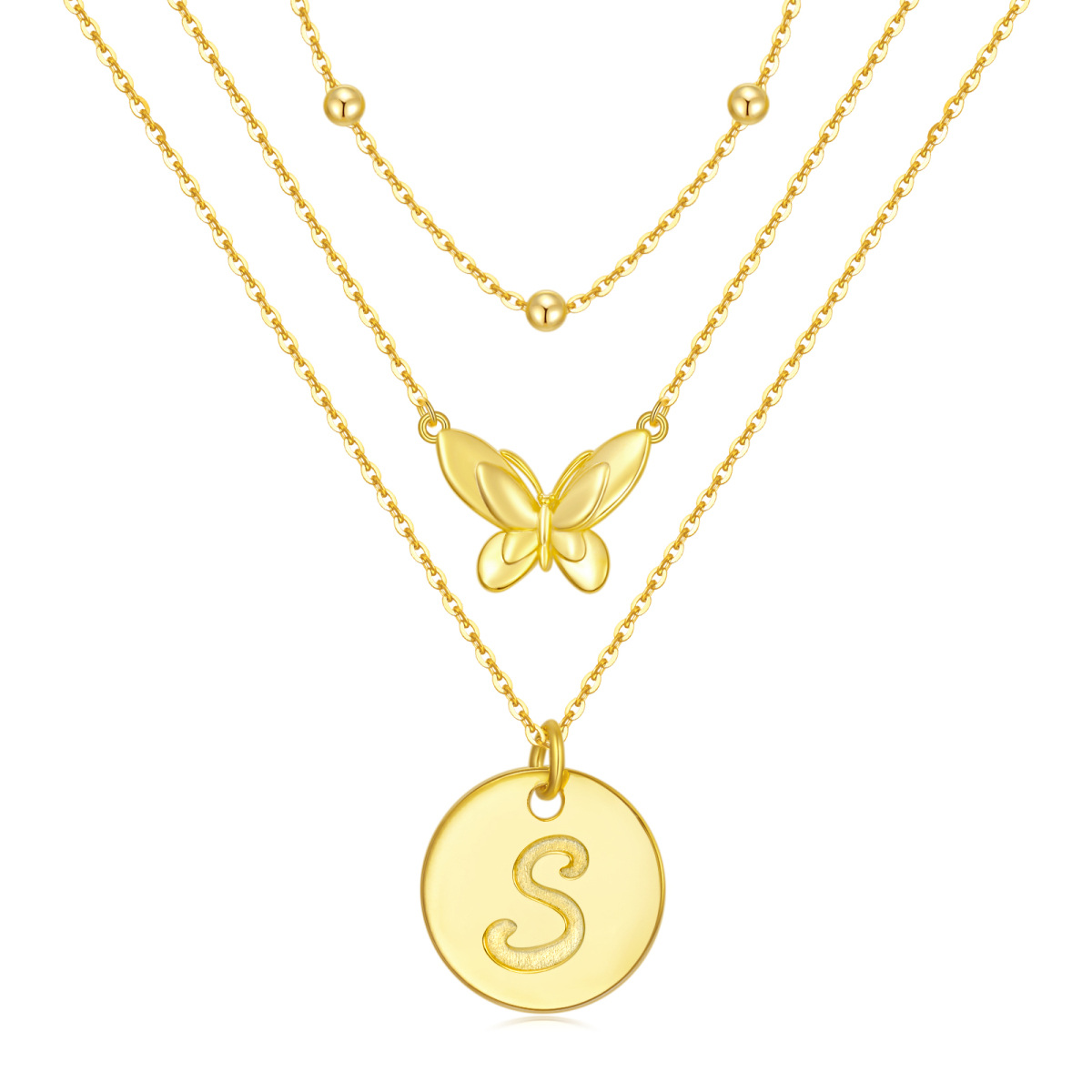 Sterling Silver with Yellow Gold Plated Butterfly Layered Necklace with Initial Letter S-1