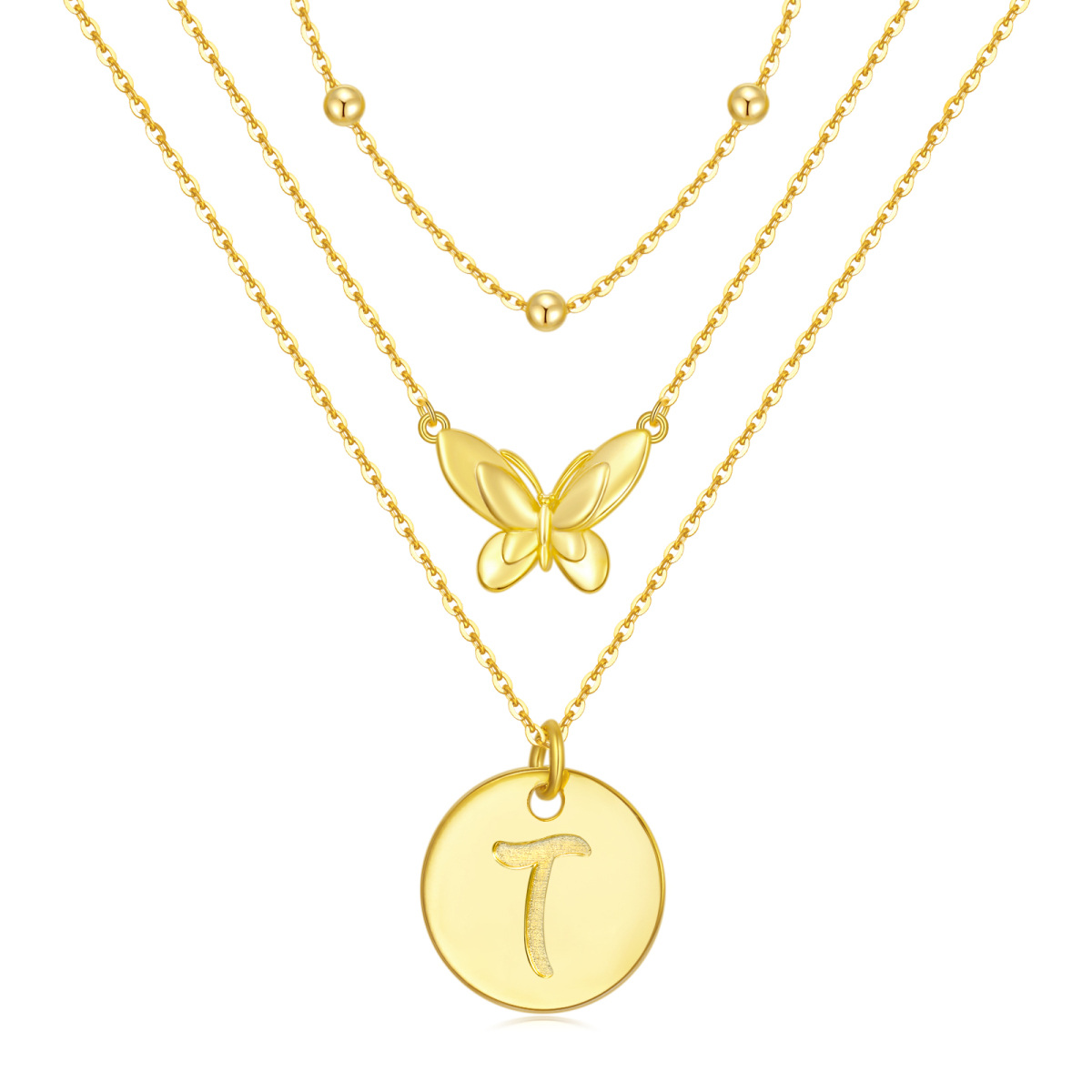 Sterling Silver with Yellow Gold Plated Butterfly Layered Necklace with Initial Letter T-1