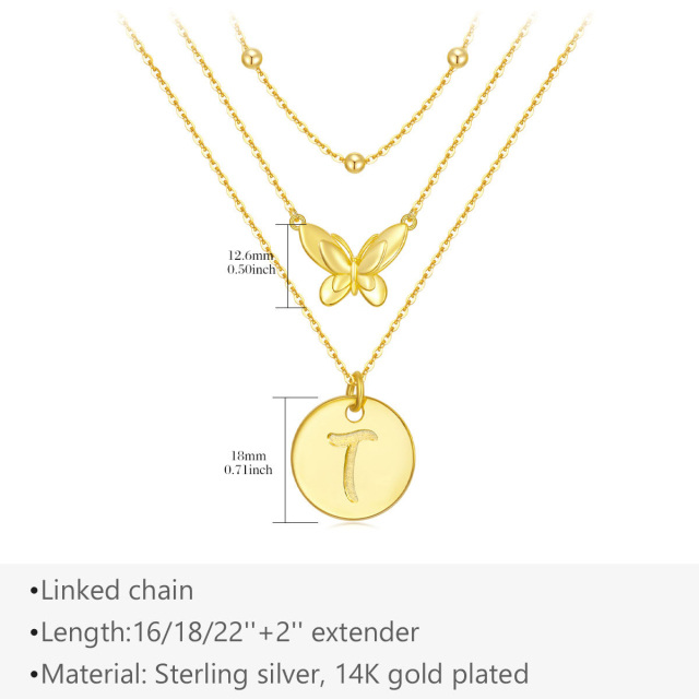 Sterling Silver with Yellow Gold Plated Butterfly Layered Necklace with Initial Letter T-5